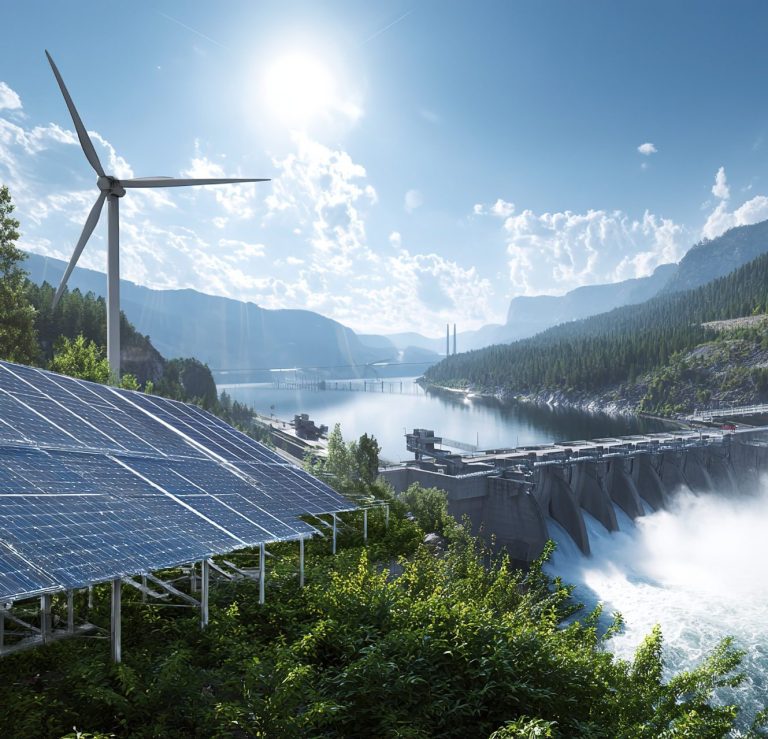 Alternative Energien Windkraftanlage und Solarpanels über einem Fluss mit Wasserkraftwerk und Bergen im Hintergrund.