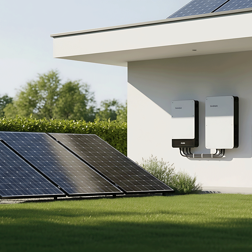 Energieversorgung Solaranlage mit Solarpanelen und zwei Wechselrichtern an einem modernen Gebäude.